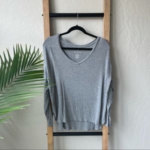 American Eagle Heather Grey Soft & Sexy Ribbed V-Neck Plush Long Sleeve Top